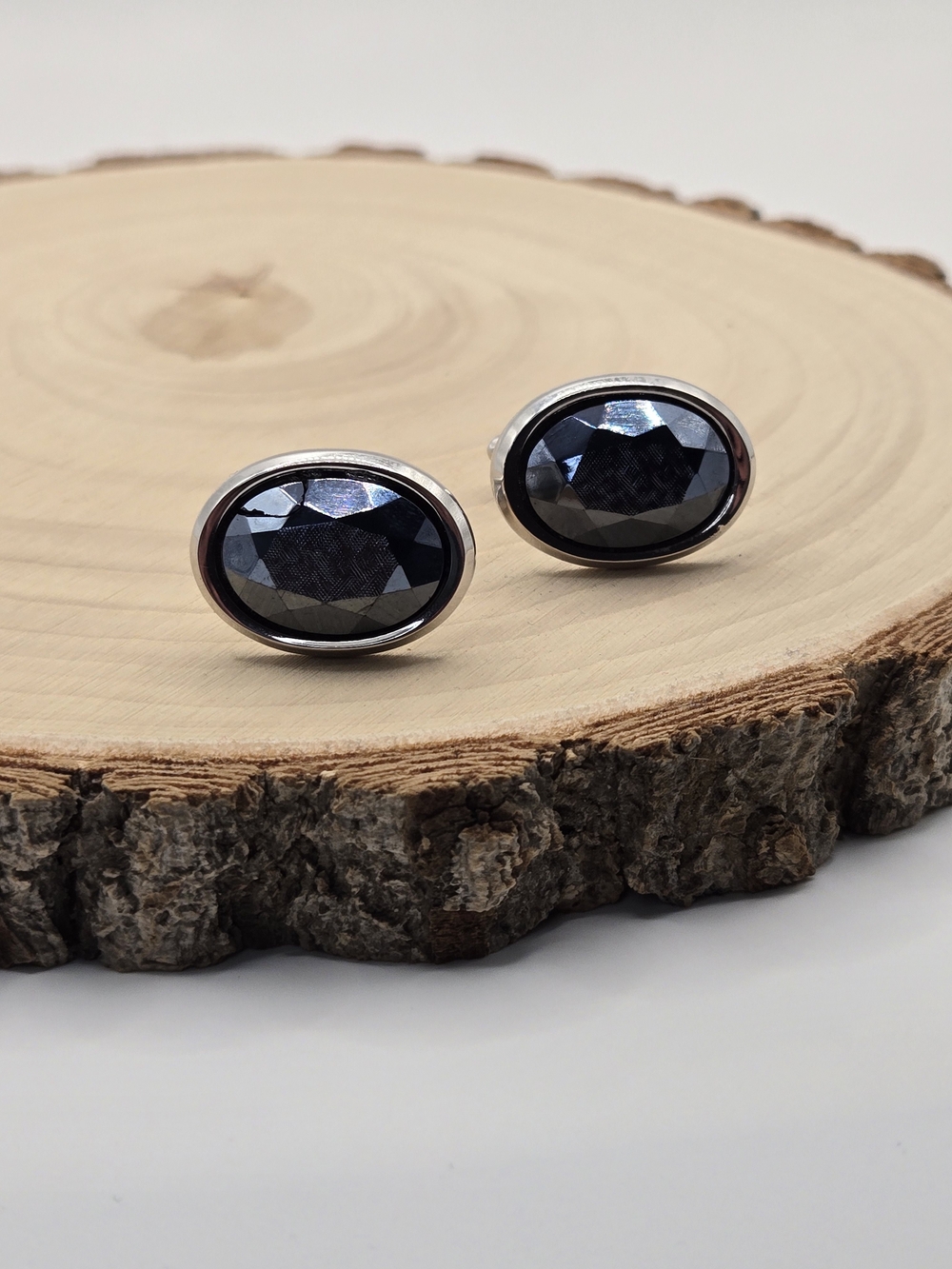 Vintage Hickok Black Faceted Cufflinks – Silver Tone Oval Formal Men's Accessori